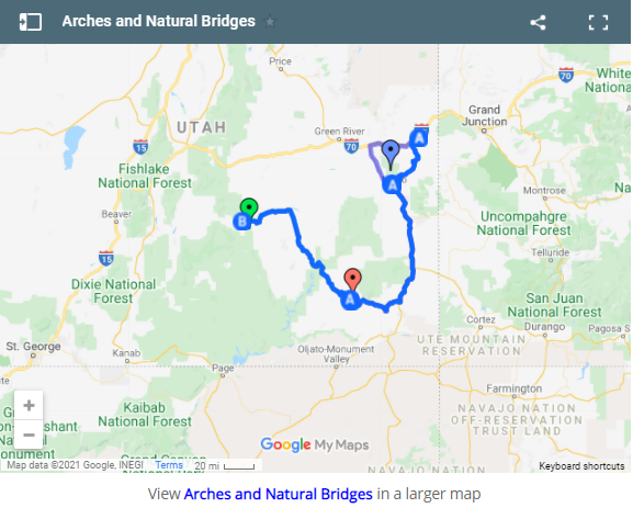 Map of Arches and Natural Bridges in Utah